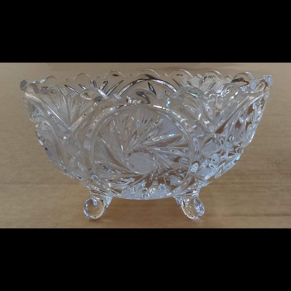 Vintage Lead Crystal Footed Oval Candy Dish Pinwheel Design Scalloped Edges